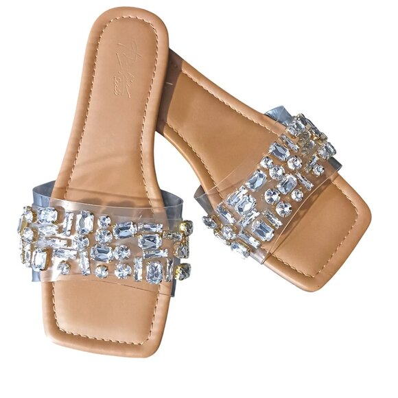 NEW Thalia Sodi Jillene Flat Slip On Slide Sandals Clear w/ Gemstone Accents 6.5 - Picture 1 of 11